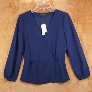 J CREW Top Womens Size 4 Navy Drapey Crepe Faux Wrap VNeck Side Zip